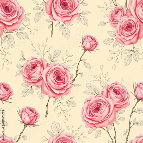 Seamless pattern of pink roses on a yellow background