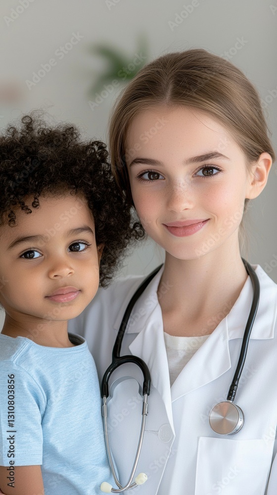 caring pediatrician holding young child, both smiling warmly in medical setting caring pediatrician holding young child, both smiling warmly in medical setting