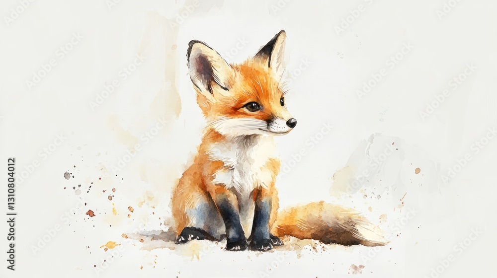 Fototapeta premium A Cute Watercolor Painting Depicting A Small Sitting Fox