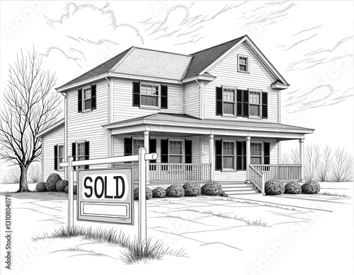 Sold home drawing, two-story house with porch