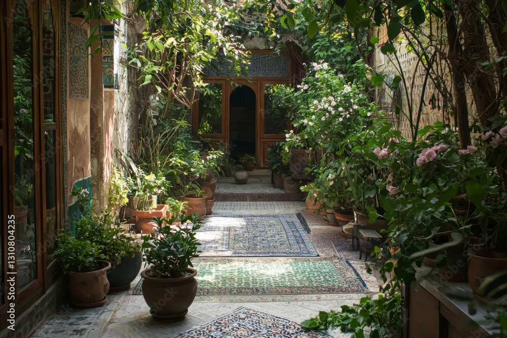 A small, hidden mosque courtyard filled with potted plants and soft prayer rugs. The air is filled with the scent of blooming jasmine A small, hidden mosque courtyard filled with potted plants and soft prayer rugs. The air is filled with the scent of blooming jasmine