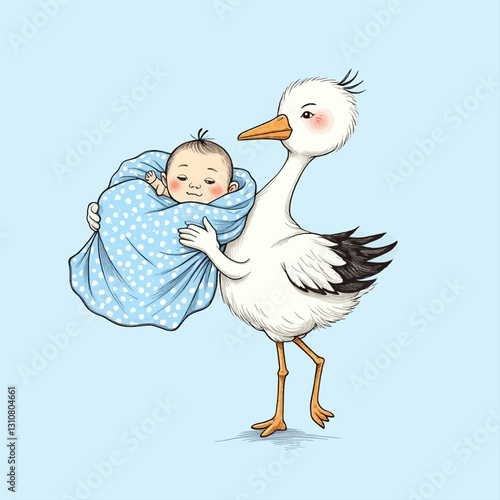 Stork delivers a baby swaddled in blue on light blue