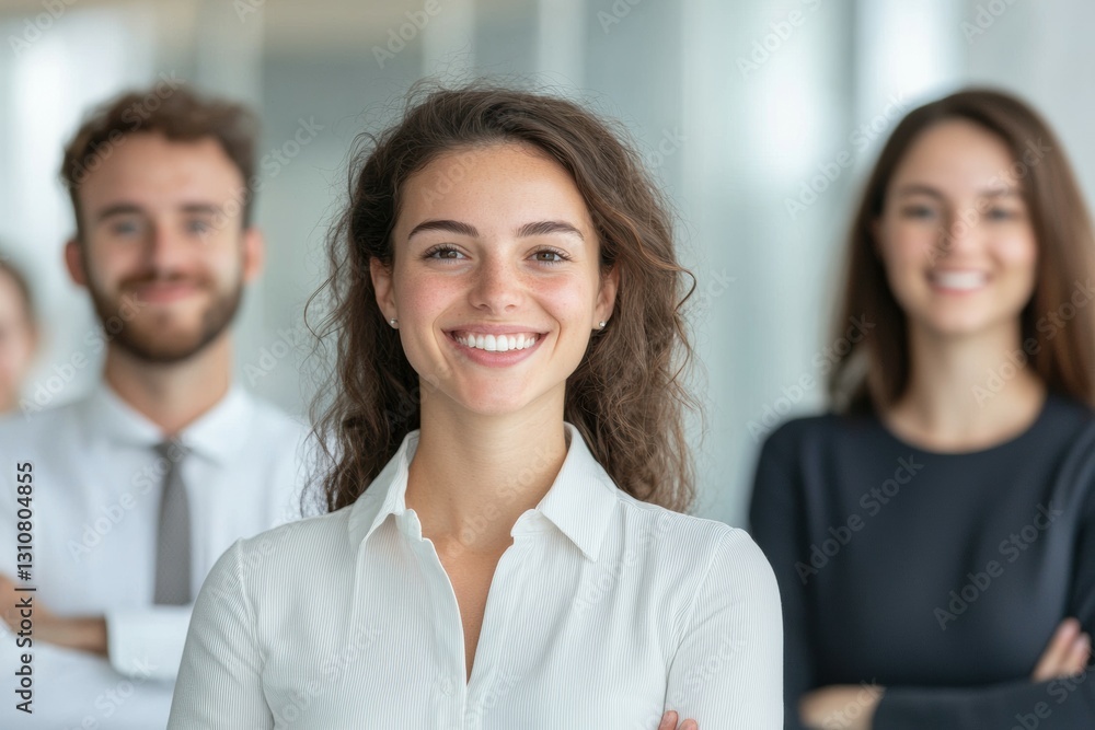 confident businesswoman smiling in focus with her diverse team in modern office confident businesswoman smiling in focus with her diverse team in modern office