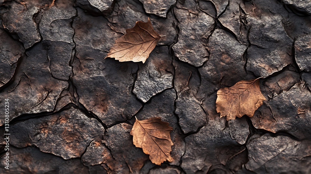 Fototapeta premium A close-up of dried leaves on cracked earth, highlighting nature's textures and decay.