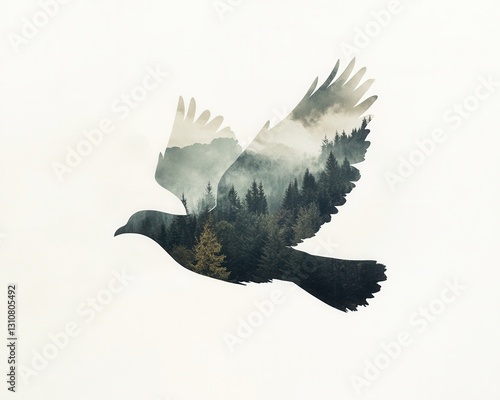 Double exposure funeral flyer featuring a large dove silhouette blended with a peaceful natural scene, creating a solemn and reflective memorial design.
