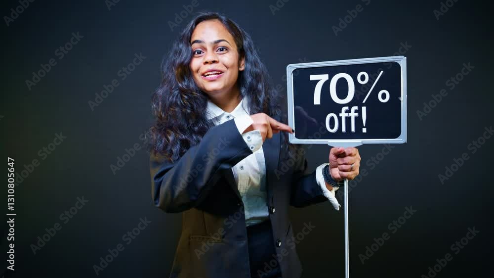 Model shows signboard reading exclusive cut near festival Model shows signboard reading exclusive cut near festival