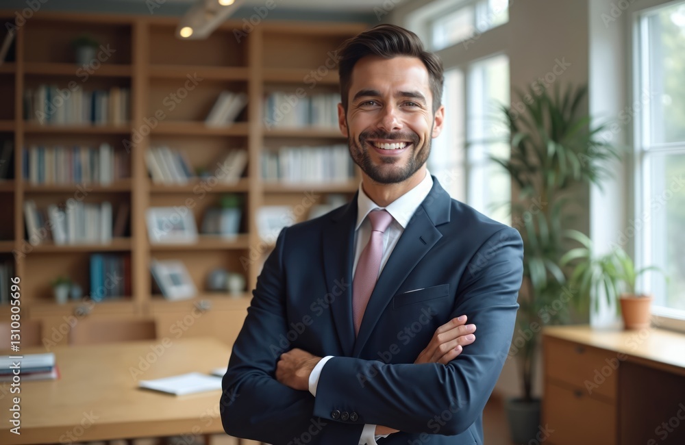 Fototapeta premium Portrait of caucasian man wearing formal suit smiling in modern office. Businessman, manager standing arms crossed. Successful confident ceo, male boss with positive attitude. Career, pro
