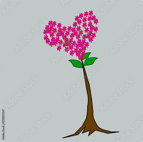 The flowering tree forms a heart shape. The tree has a crown full of pink, heart-shaped flowers and is symmetrical with bright green leaves.