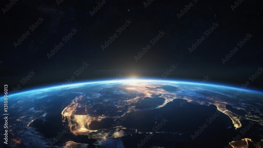 Fototapeta premium Nighttime Cityscape of Earth from Space: Stunning 3D Rendering with Bright City Lights, Stars, and Illuminated Horizon