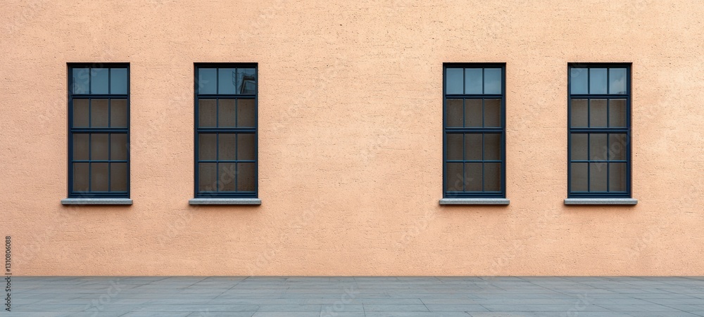 Four symmetrical windows with dark frames on peach colored stucco wall, creating minimalist urban aesthetic Four symmetrical windows with dark frames on peach colored stucco wall, creating minimalist urban aesthetic