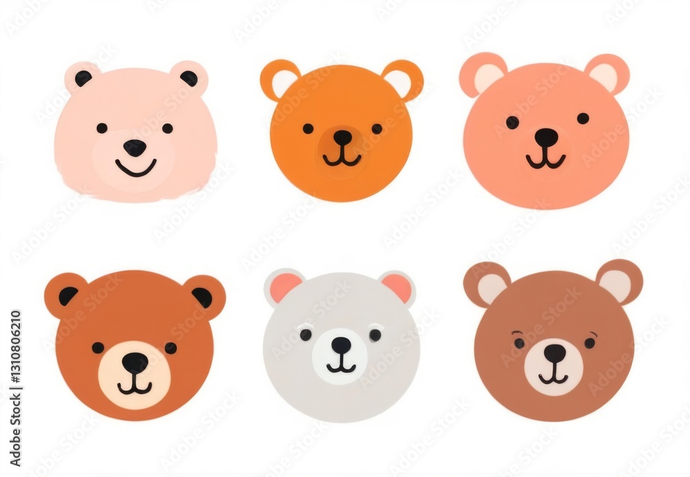 Colorful Bear Faces in Row Set of Six Different Colors with Round Heads, Small Noses, and Ears Colorful Bear Faces in Row Set of Six Different Colors with Round Heads, Small Noses, and Ears