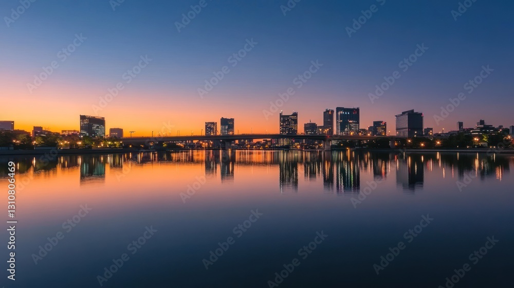 Cityscape reflects in calm water under a beautiful evening sky Cityscape reflects in calm water under a beautiful evening sky