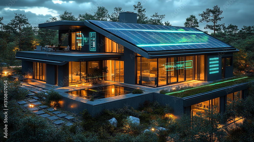 Obraz premium Eco-friendly smart house with solar energy integration.
