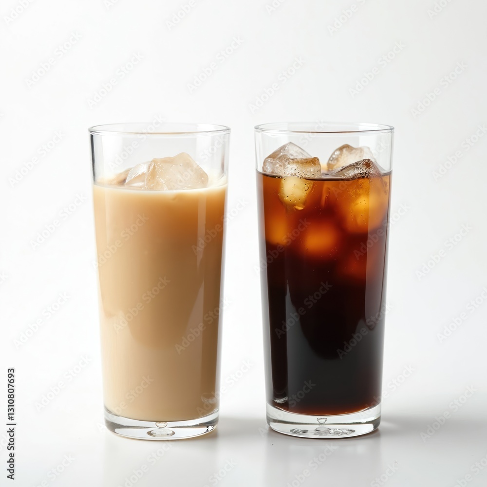 Two glasses of iced coffee one with milk, another black, against a white background. Refreshing cold beverages with ice cubes. Summer drinks served in cafe. Latte and espresso. Two glasses of iced coffee one with milk, another black, against a white background. Refreshing cold beverages with ice cubes. Summer drinks served in cafe. Latte and espresso.