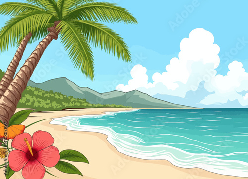Tropical Beach Scene with Hibiscus and Palm Trees