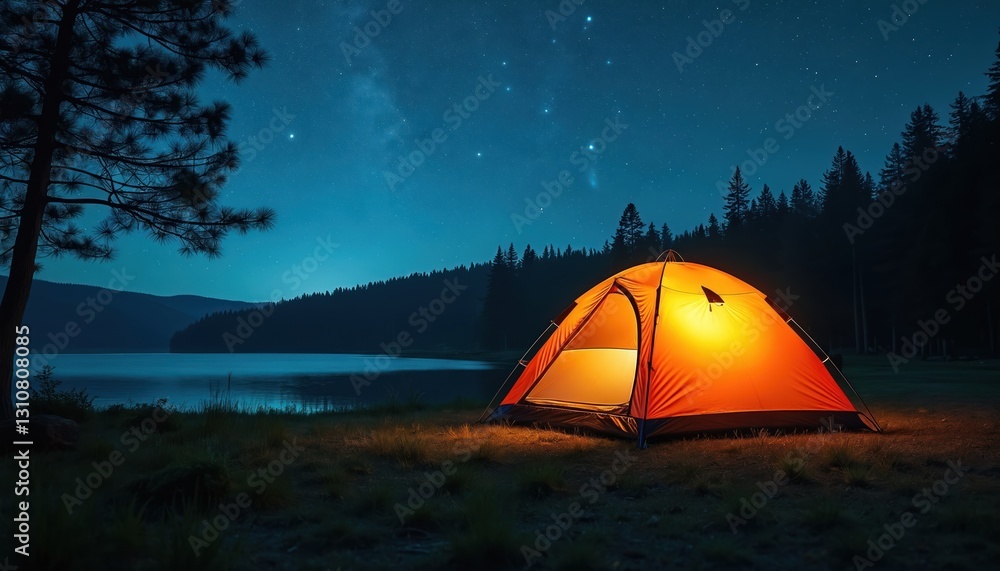Night camping scene under starry sky with orange tent. Calmness by lake surrounded by forest, mountains. Serene wilderness illuminated camp, relaxation in nature. Vacation getaway for adventure, Night camping scene under starry sky with orange tent. Calmness by lake surrounded by forest, mountains. Serene wilderness illuminated camp, relaxation in nature. Vacation getaway for adventure,