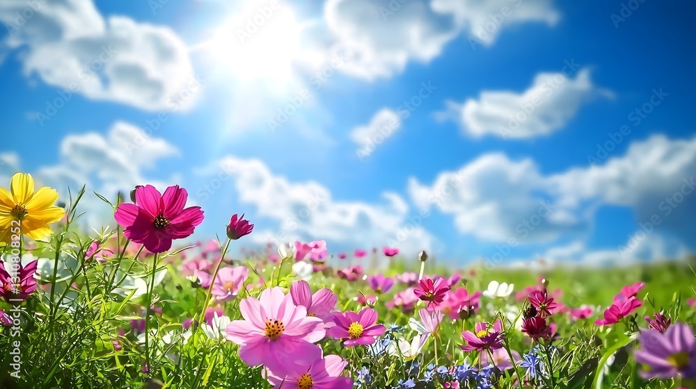 Colorful field of wildflowers basks under a bright blue sky Colorful field of wildflowers basks under a bright blue sky