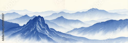 Watercolor blue mountains receding into fog-filled distance