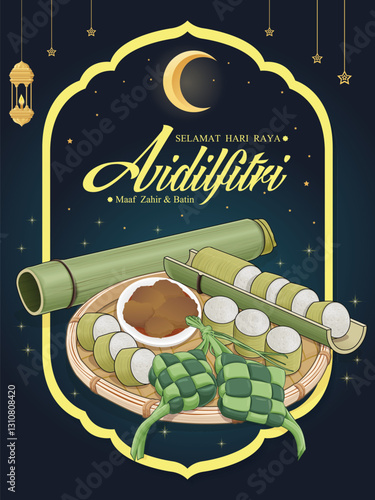 Hari Raya Aidilfitri background design with ketupat, lemang. Malay means Fasting day celebration, I seek forgiveness, physically and spiritually.