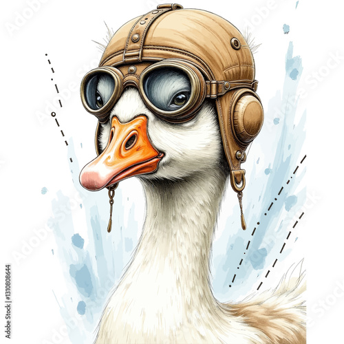 Watercolor Duck Pilot with Leather Helmet and Goggles