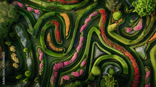 Wallpaper Mural Aerial View of Vibrant Flower Garden with Intricate Maze Design and Colorful Blooms Torontodigital.ca
