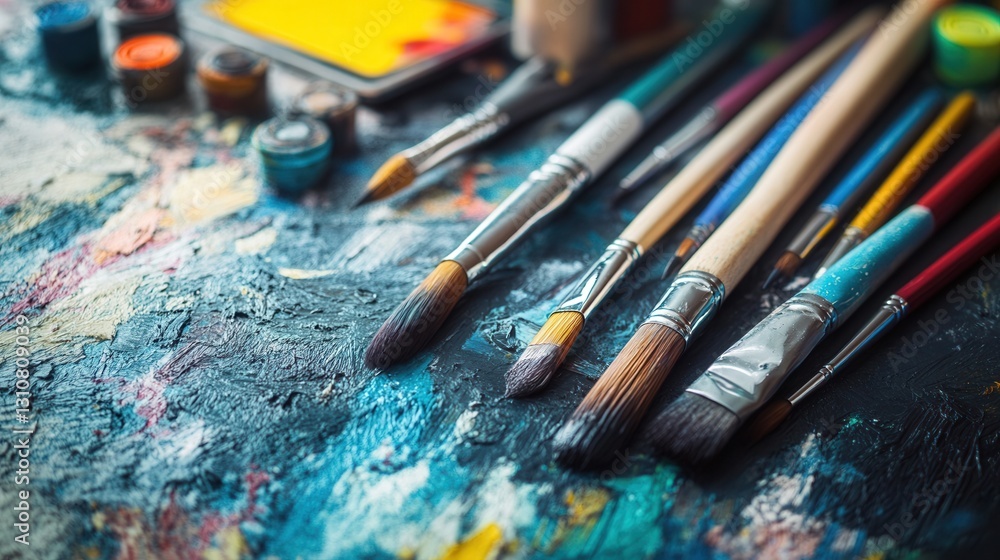 Creative workspace filled with scattered brushes, pencils, and digital tablets showcases artistic expression and inspiration Creative workspace filled with scattered brushes, pencils, and digital tablets showcases artistic expression and inspiration