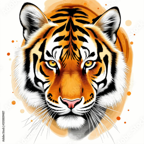 Watercolor portrait of a Tiger head with orange halo