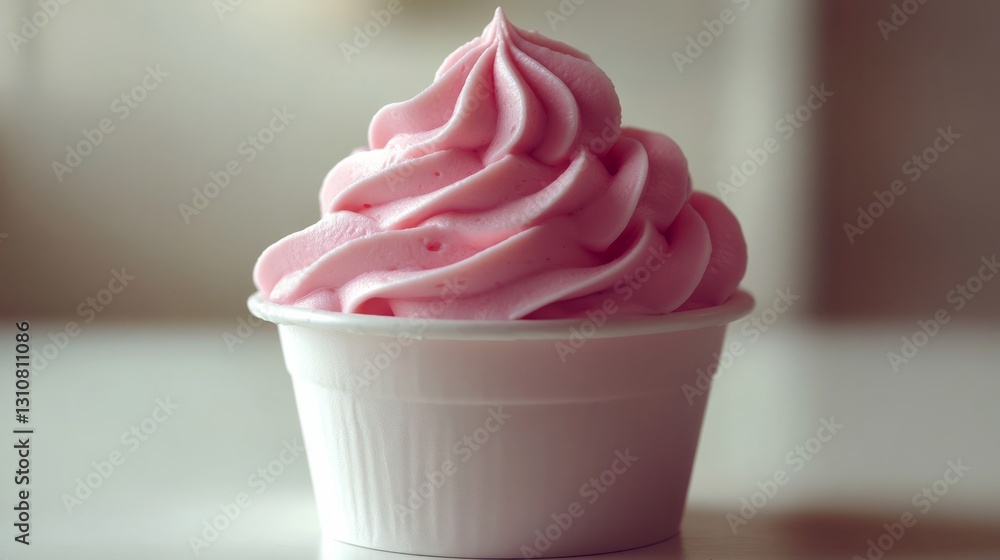 Smooth pastel pink cream with soft peaks, served in a plastic cup on white Smooth pastel pink cream with soft peaks, served in a plastic cup on white