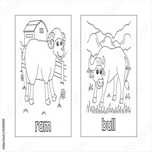 Farm animals, coloring book style, black and
white line drawing, ram and bull, bam in
background, pastoral scene, educational
illustration, simple shapes, children's book art,
agricultural theme.