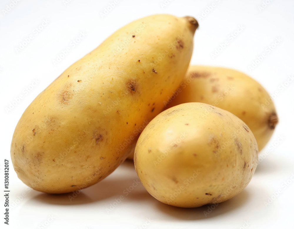 Three raw yellow potatoes isolated on white background. Healthy starchy root vegetable is a versatile ingredient in vegan cooking. Uncooked whole potato heap is fresh from autumn harvest. Three raw yellow potatoes isolated on white background. Healthy starchy root vegetable is a versatile ingredient in vegan cooking. Uncooked whole potato heap is fresh from autumn harvest.