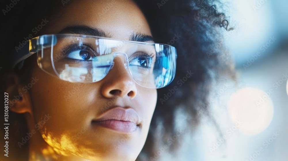 Close up portrait of a young scientist wearing futuristic smart glasses, focused on her research in a modern laboratory, illuminated by soft, ambient light, reflecting data and innovation Close up portrait of a young scientist wearing futuristic smart glasses, focused on her research in a modern laboratory, illuminated by soft, ambient light, reflecting data and innovation