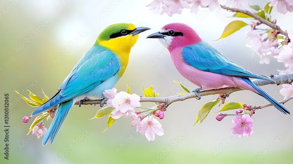 Fototapeta premium Vibrant Blue and Pink Birds Perched on Cherry Blossom Branch Spring Nature Scene