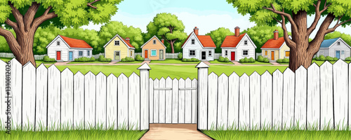 White picket fence overlooks quaint cartoon neighborhood houses