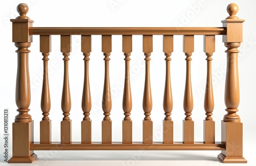 Wooden banister isolated on transparent background features rail, balusters providing safety. Staircase support ensures secure climb. Structure includes handrail grip architecture. Interior design
