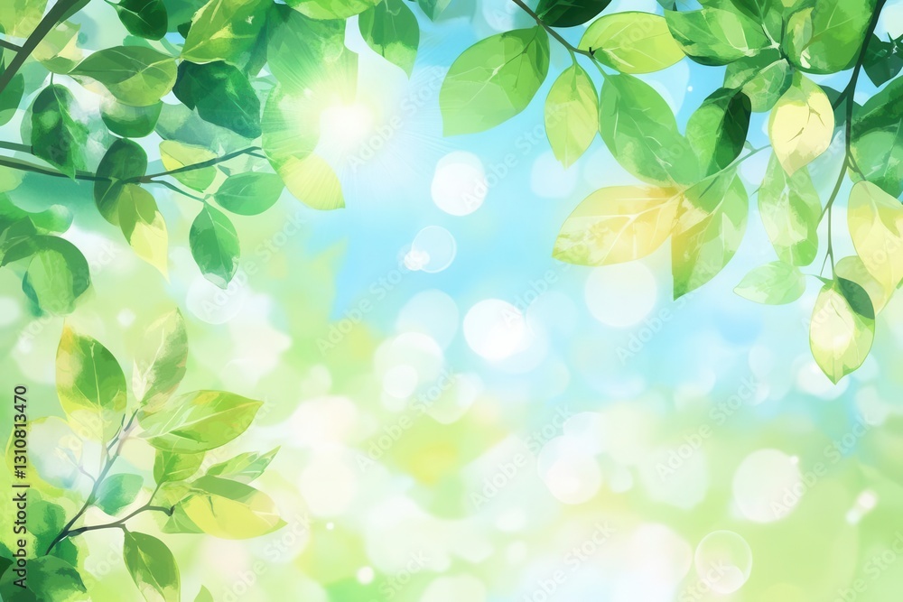 blurred bokeh background of fresh green spring, summer foliage of tree leaves with blue sky and sun flare blurred bokeh background of fresh green spring, summer foliage of tree leaves with blue sky and sun flare