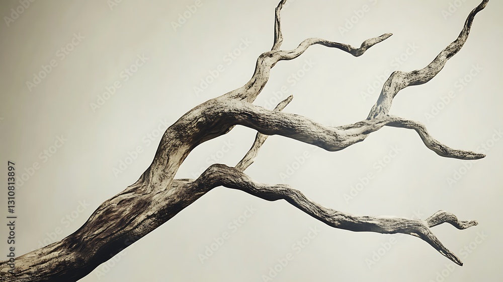 Fototapeta premium A close-up of a weathered tree branch against a light background, showcasing natural textures.