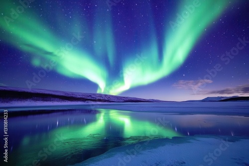 Wallpaper Mural breathtaking aurora borealis dancing across a starlit arctic sky, vibrant greens and purples reflecting on a pristine snow-covered landscape and frozen lake below Torontodigital.ca