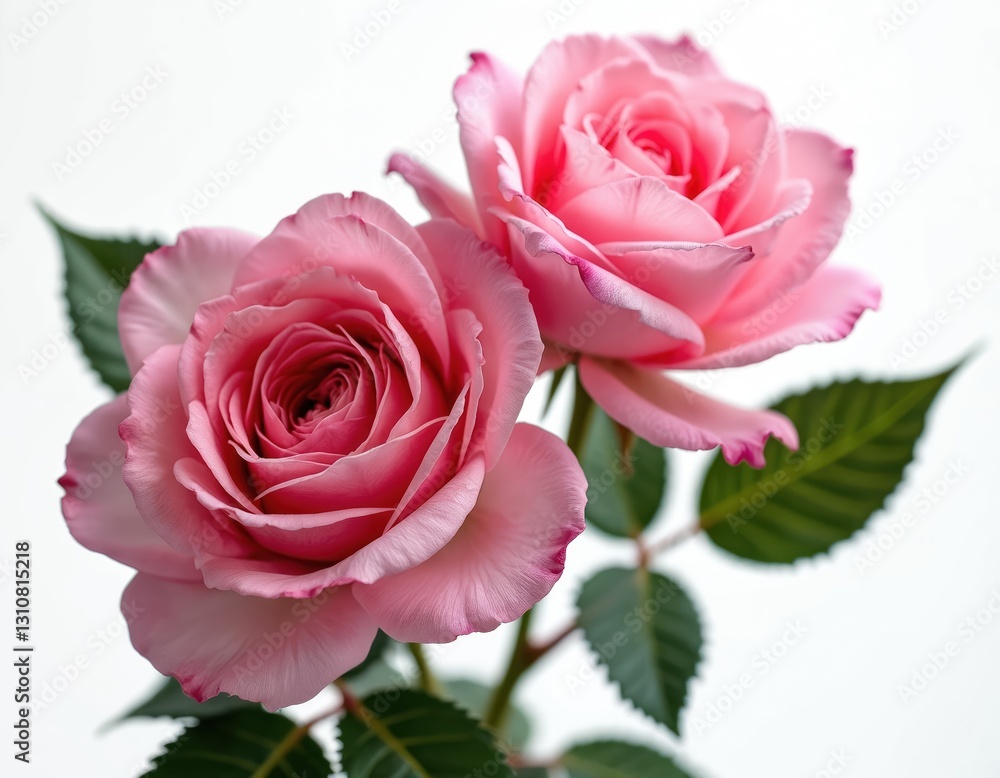 Close-up photo of two blooming pink damascena roses with leaves on white background in studio light. Valentine gift or present for romantic spa relaxation therapy. Close-up photo of two blooming pink damascena roses with leaves on white background in studio light. Valentine gift or present for romantic spa relaxation therapy.