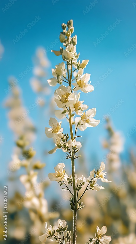 A close-up of a tall flower with delicate white petals against a clear blue sky. A close-up of a tall flower with delicate white petals against a clear blue sky.