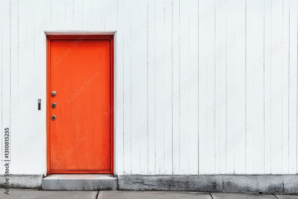 Bright orange door on white wood siding. Ideal for concepts of new beginnings, entry, or contrast. Bright orange door on white wood siding. Ideal for concepts of new beginnings, entry, or contrast.