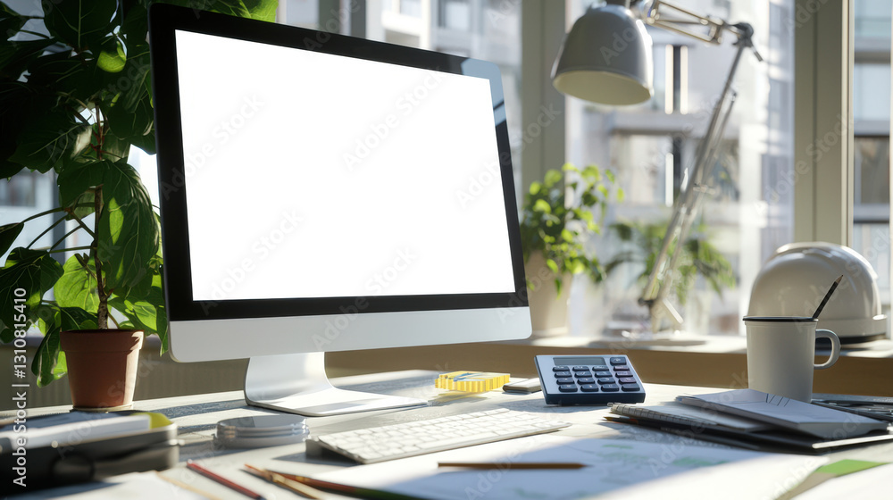 Mockup of the architect's monitor. On the table is a computer monitor with a calculator, keyboard, papers, a cup and a potted plant. Presentation of the construction company's website Mockup of the architect's monitor. On the table is a computer monitor with a calculator, keyboard, papers, a cup and a potted plant. Presentation of the construction company's website
