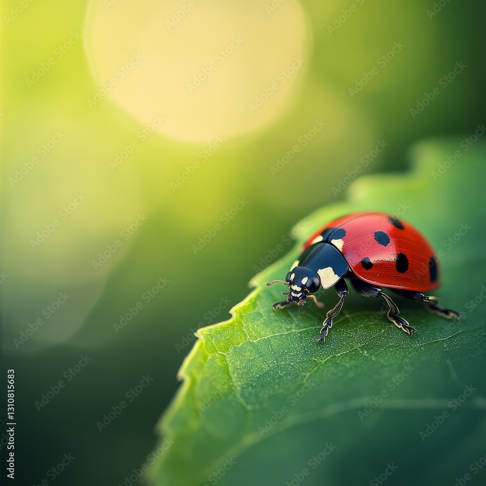 Ladybug Resting on a Green Leaf, a Macro Shot Capturing Nature's Beauty and Detail in a Serene and Peaceful Setting. Ladybug Resting on a Green Leaf, a Macro Shot Capturing Nature's Beauty and Detail in a Serene and Peaceful Setting.