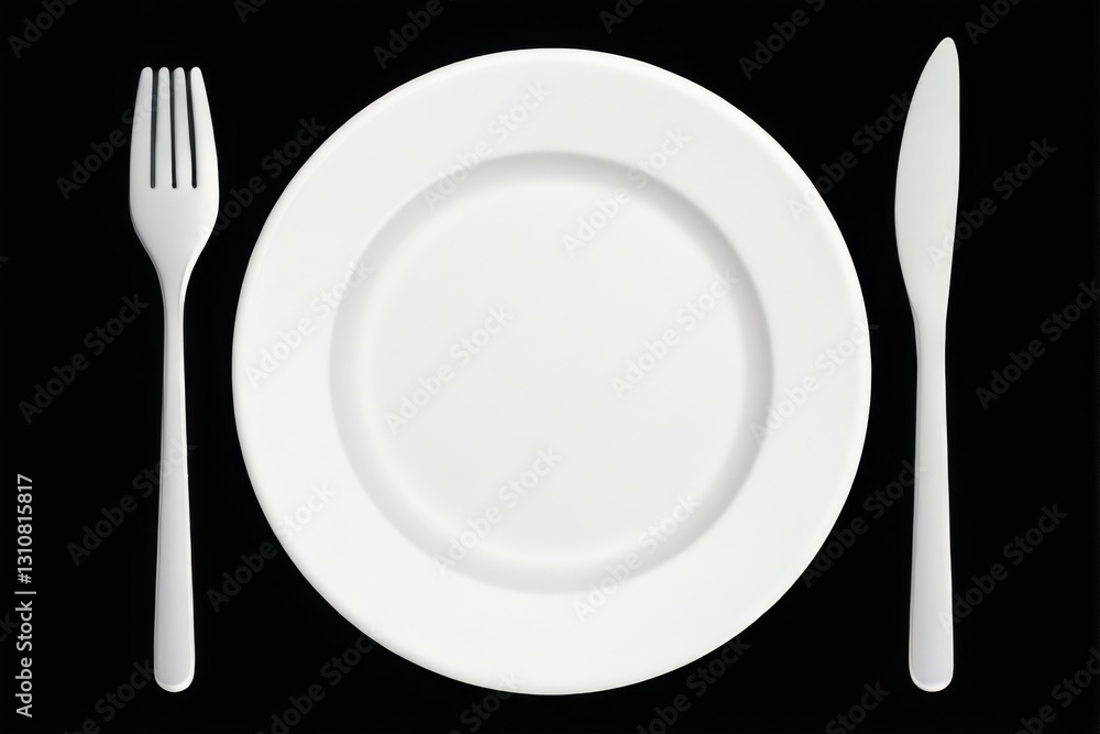 White Plate with Fork and Knife on Black Background 3D Render Illustration White Plate with Fork and Knife on Black Background 3D Render Illustration