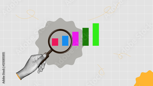 halftone collage, Data analysis and business growth concept! Magnifying glass inspecting bar chart insights
