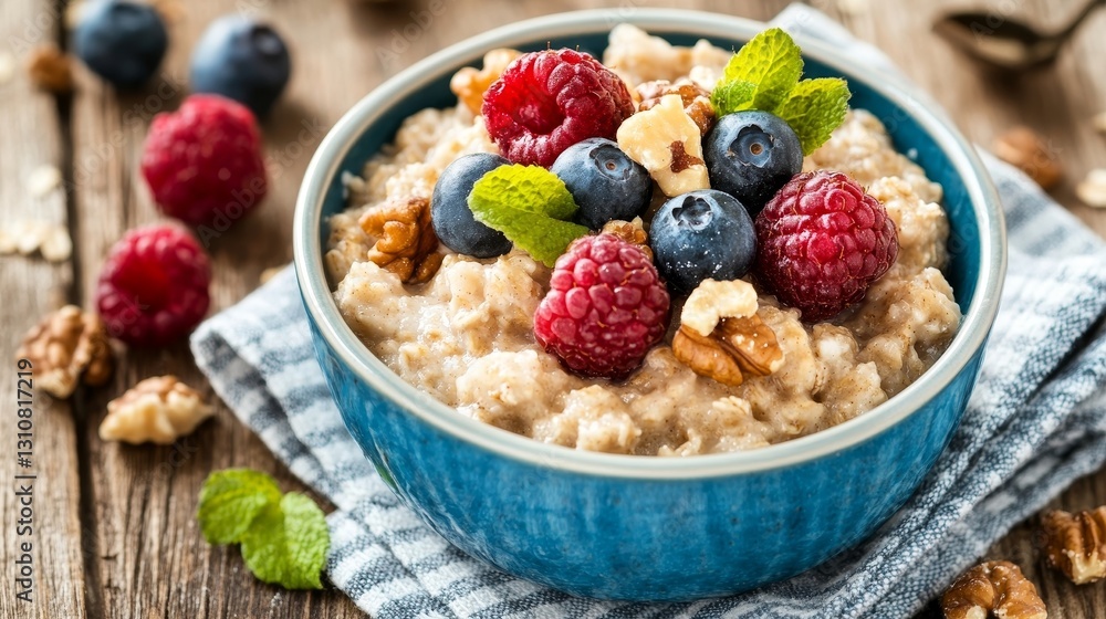 Oatmeal bowl topped with berries and nuts on wooden table Oatmeal bowl topped with berries and nuts on wooden table