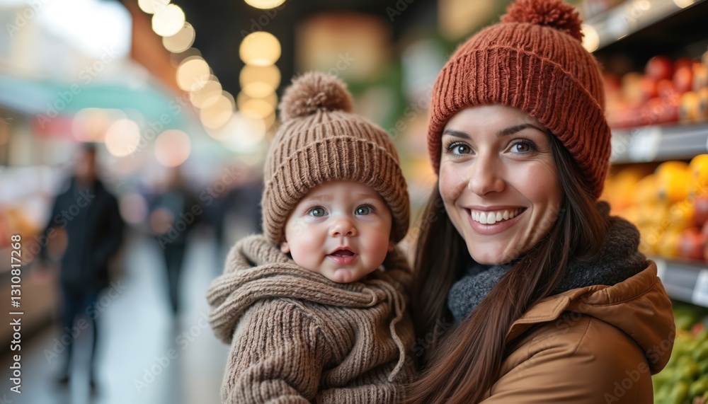 Obraz premium Young woman, baby in winter hats at supermarket. Mother and child shopping. Mom holds baby, chooses healthy food. Family buys veggies fruits. Nurturing parenthood lifestyle. Bonding, retail concept.