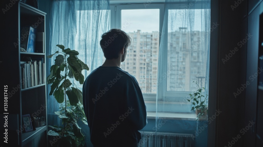 Fototapeta premium man looking out window at cityscape