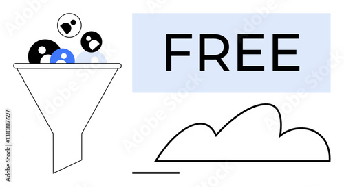 Funnel processing user icons to represent sorting, inclusion of cloud storage and FREE label. Ideal for marketing, lead generation, data processing, cloud solutions, access plans, technology