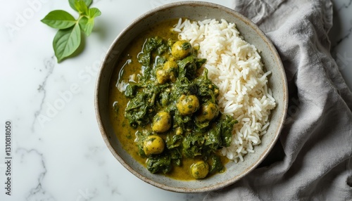 Ghormeh Sabzi: Authentic Persian Herb Stew with Rice, in a Ceramic Bowl photo