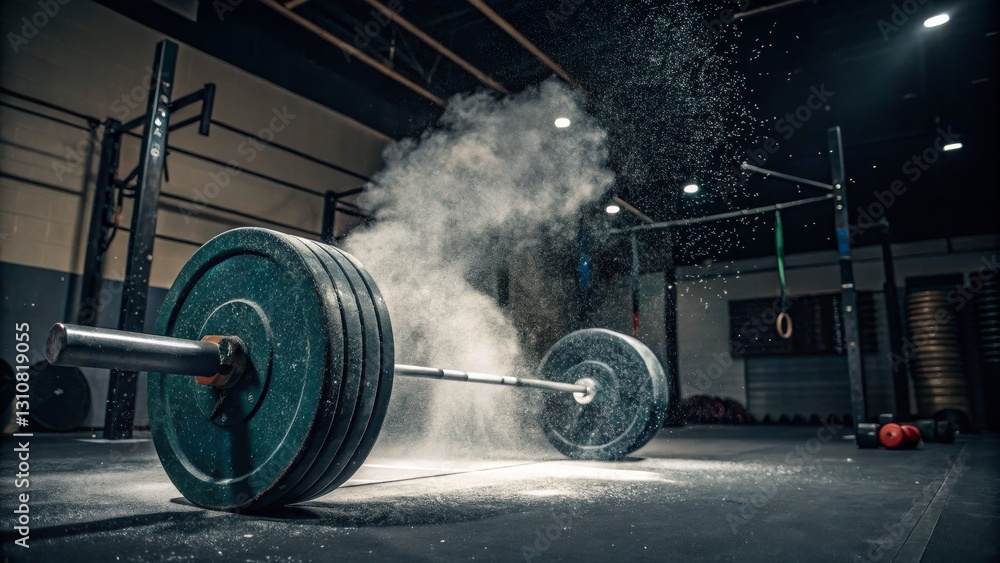 Fototapeta premium A heavy barbell rests on a gym floor, surrounded by a cloud of chalk dust, capturing the intensity of strength training and the atmosphere of a fitness environment.